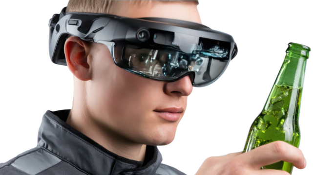 Augmented Vision: A man uses augmented reality glasses and interact with a green bottle of beverage, at the forefront of technological and lifestyle evolution.