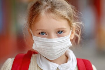 Medical Grade Mask. Schoolgirl with Backpack Wearing Protective Mask for Back to School 2020