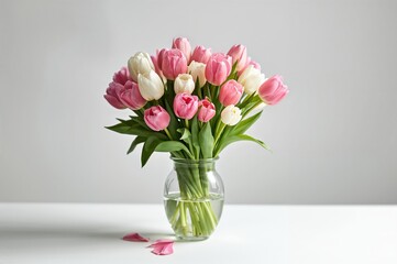 Fototapeta premium Vibrant Tulip Bouquet on a Plain White Backdrop