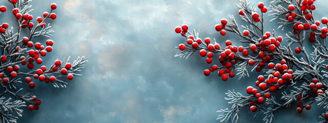 Festive arrangement of vibrant red berries and frosted greenery on a soft blue background, capturing the essence of Christmas and New Year celebrations