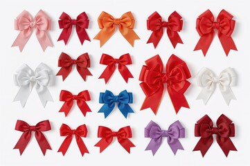 Assorted vibrant ribbon bows displayed against a plain white backdrop