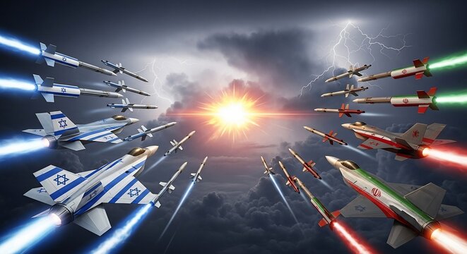 Fighter jets and missiles from israel and iran facing off in a dramatic aerial confrontation scene