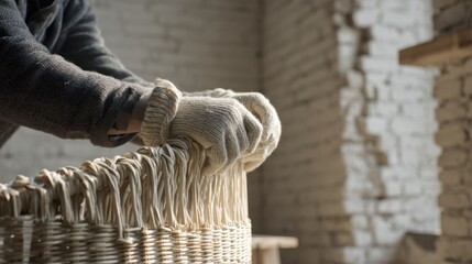 Skilled artisan crafting a handwoven basket in rustic workshop