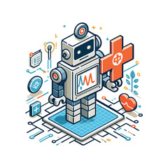 Robot in healthcare setting holding a medical cross symbol