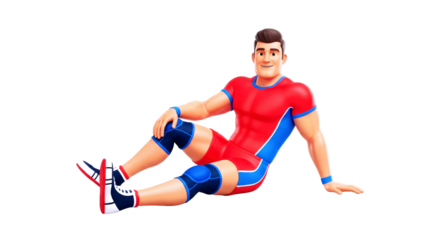 3d cartoon athlete relaxed pose, red uniform, postworkout satisfaction, isolated on transparent background