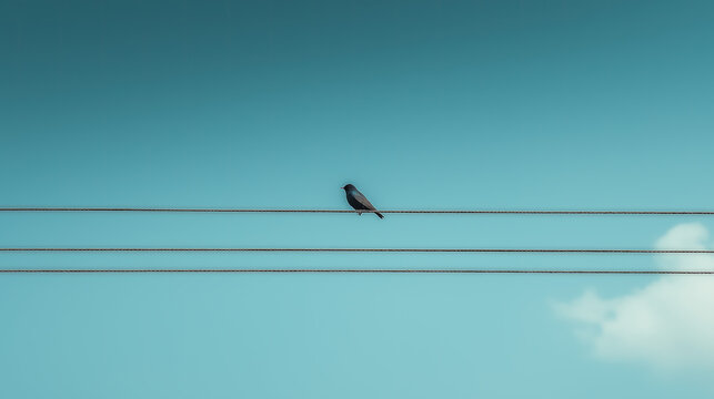 A lone bird perched on a telephone wire against a clear sky. - Powered by Adobe
