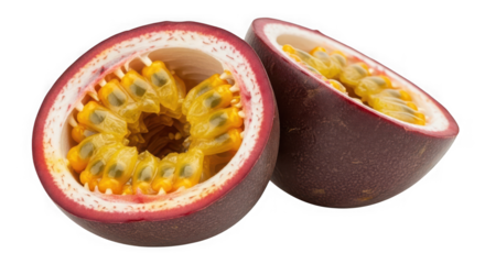 Ripe passion fruit halved revealing exotic tropical pulp seeds juicy refreshing exotic fruit photography close-up transparent background