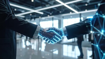 Digital handshake symbolizes global business partnership and technological agreements - Powered by Adobe