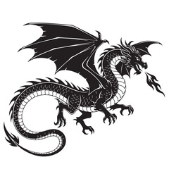 Stylized Black Dragon Flying and Breathing Fire, Mythical Fantasy Creature Art