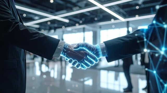 Digital handshake symbolizes global business partnership and technological agreements - Powered by Adobe