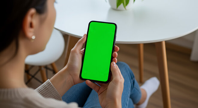 Woman Checking Mobile Phone with Green Screen in Bright Workspace
