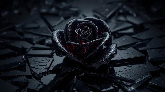 Darkly Elegant A Black Rose Amidst Shattered Fragments of Shadow