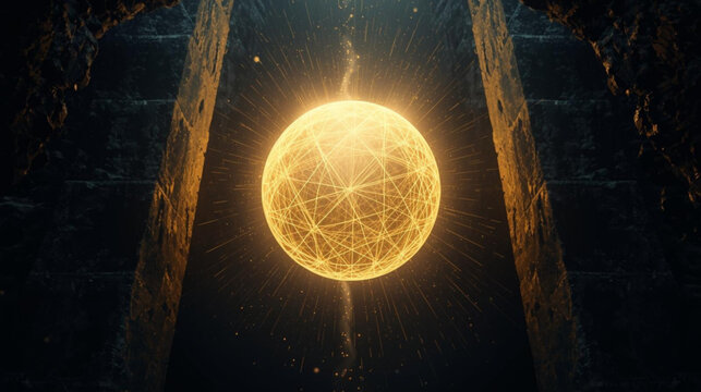 Mysterious golden orb radiating interconnected energy lines within a dark, ancient monolithic chamber