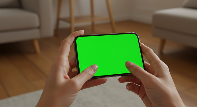 Hands Holding Smartphone with Green Screen Above Coffee Table