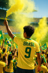 Fototapeta premium Brazilian soccer fan holding yellow flare in crowded stadium