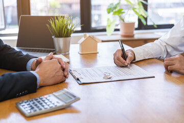 Asian tenant, client man sign signature contract rental purchase, buyer home or apartment with landlord, realtor after banker agreement mortgage, loan success or done. Property lease agent concept.