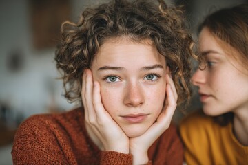 Mindful Listening: Unhappy young lady comforted by her sister at home in a caring and supportive moment