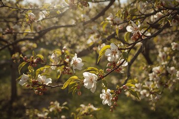 Sunlit branches of a pear tree blossoming in an orchard