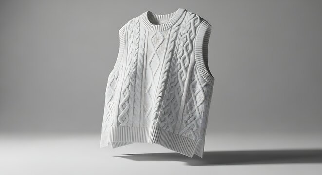 Stylish white cable knit sweater vest floating in a clean studio setting, perfect for fashion and lifestyle branding