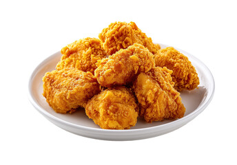 Crispy fried chicken nuggets piled on white plate with transparent background