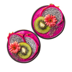 Dragon Fruit Smoothie Bowl with Kiwi and Edible Flowers Isolated on Transparent Background