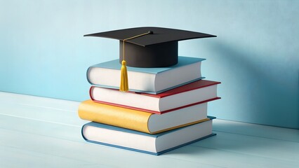 Milestone of Learning &ndash; Graduation and Educational Achievement Concept, Abstract, Strategy, Hardcover Books, Graduation Cap, Light Blue Background