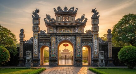 Fototapeta premium Ornate Asian Gate at Golden Hour with Intricate Dragon Decor