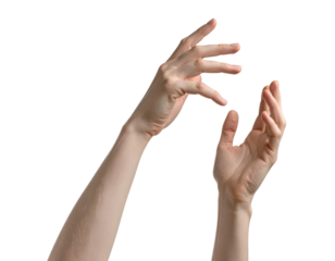 Two open hands reaching up, isolated on a transparent background, PNG