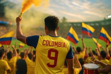 Colombian male fan in yellow jersey holding flare at stadium