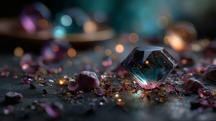 Ultra detailed iridescent crystal gems macro with rainbow prism light refraction glowing spectrum sparkle abstract background luxury jewelry fantasy mystical holographic shine elegant faceted