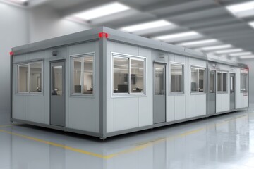 Modular Office. Prefabricated Boxes for Industrial Sites Including Ceiling and Glass Packages
