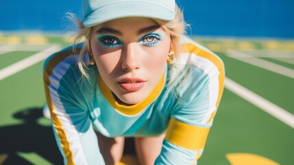 Naklejka premium Sports pictorial. An active photoshoot on a tennis court. Sports magazine. Sports star. AI-generated.