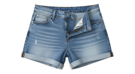 Stylish blue denim cutoff shorts rolled up hem distressed wash casual summer fashion for women transparent background