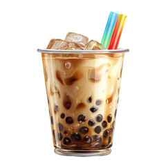 Iced Bubble Milk Tea with Tapioca Pearls and Straws Isolated on Transparent Background