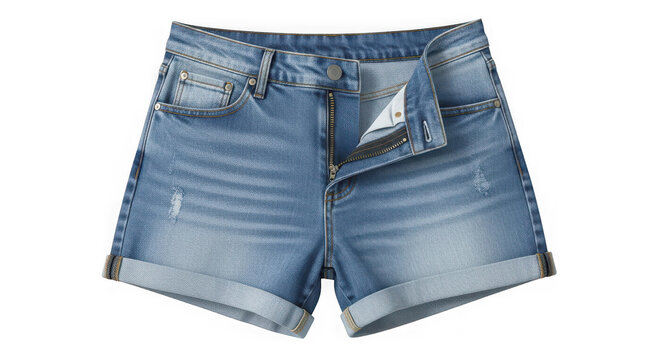 Stylish blue denim cutoff shorts rolled up hem distressed wash casual summer fashion for women transparent background