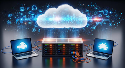 Cloud computing illustration: server, laptops, and cloud icon depicting data storage, network connection, and digital technology