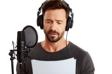 Man recording voiceover in studio, focused expression.