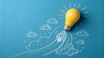 Launch of Insight – Creativity and Innovation in Motion, Light Bulb, Rocket, Chalk Drawing, Blue Background, Conceptual, Inspiration, Business, Growth