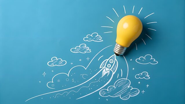 Launch of Insight – Creativity and Innovation in Motion, Light Bulb, Rocket, Chalk Drawing, Blue Background, Conceptual, Inspiration, Business, Growth