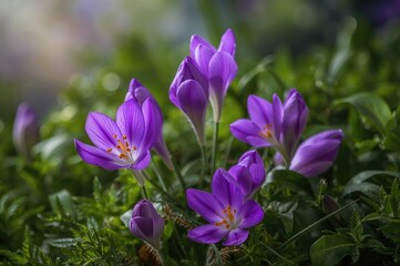 Vibrant purple blossoms set against lush green leaves