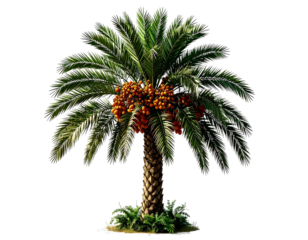Mature date palm tree with ripe orange fruit, isolated on a transparent background, PNG