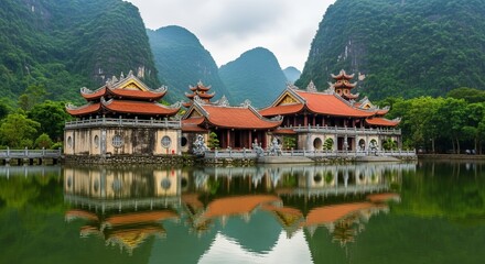 Fototapeta premium Ancient Asian Temple Reflected in Serene Lake with Mountains