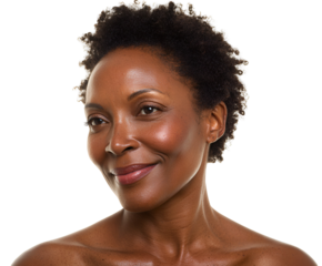 Portrait of radiant and serene mature Black woman showing graceful aging and natural beauty looking to the side with positive thoughts and gentle smile, embodying health and