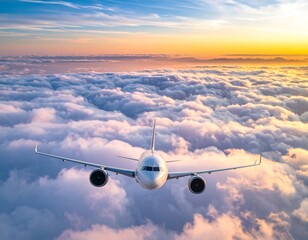 Airplane flying above clouds during colorful sunset sky