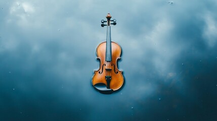 Fototapeta premium Violin on a water surface, clouds above