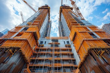 Urban High-Rise Building Construction with Scaffolding