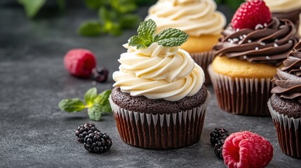 Chocolate and vanilla cupcakes with berries