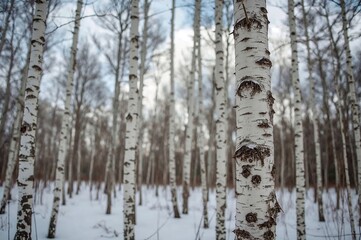 Fototapeta premium Winter forest covered in snow with birch trees
