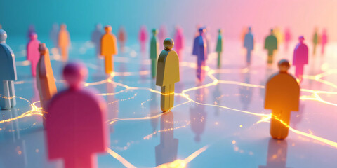 Clean 3D rendering of a human-icon social connection network showing people avatars linked together in an interconnected system symbolizing communication, teamwork, community, and digital interaction.