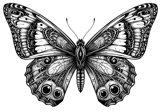 Intricate Black and White Butterfly Illustration Detailed Wing Pattern isolated on transparent background - Powered by Adobe